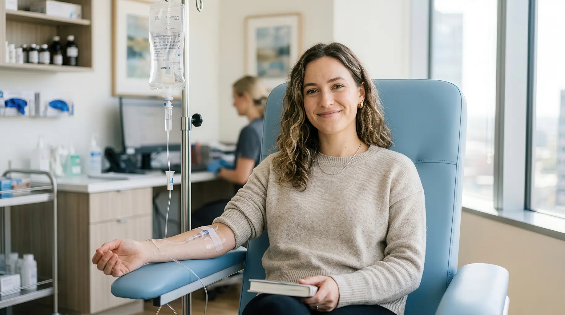 A Female Patient Smiles Warmly While Receiving Iv Infusion Treatment in a Bright Medical Clinic