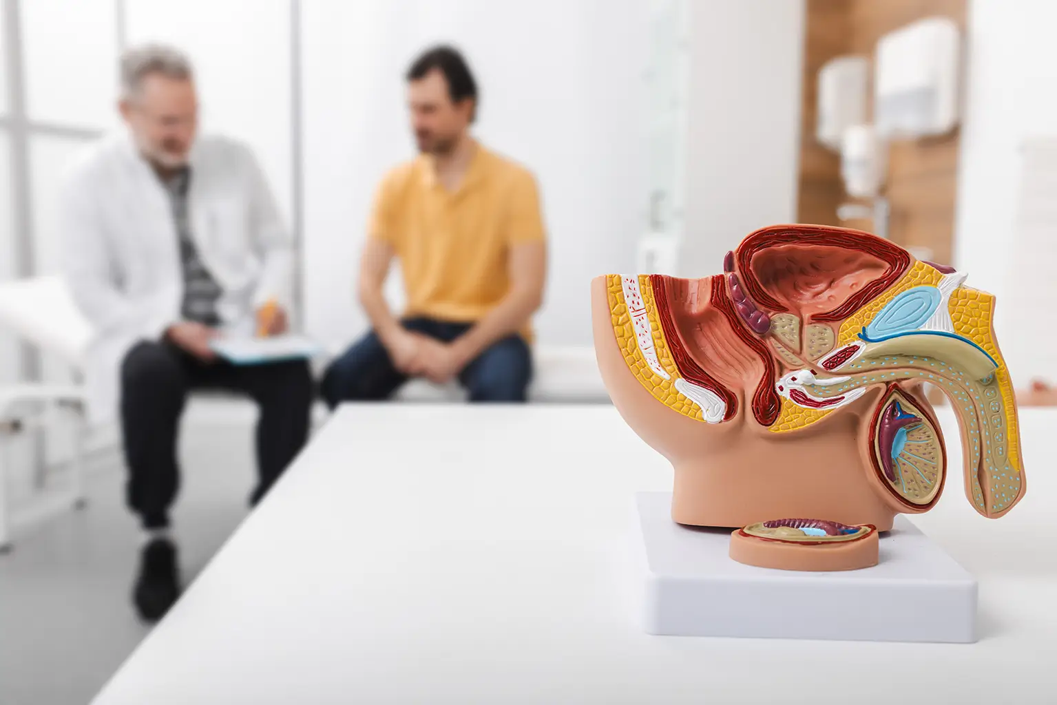 A urologist consulting a patient in office setting with a detailed model of a male anatomy in the foreground