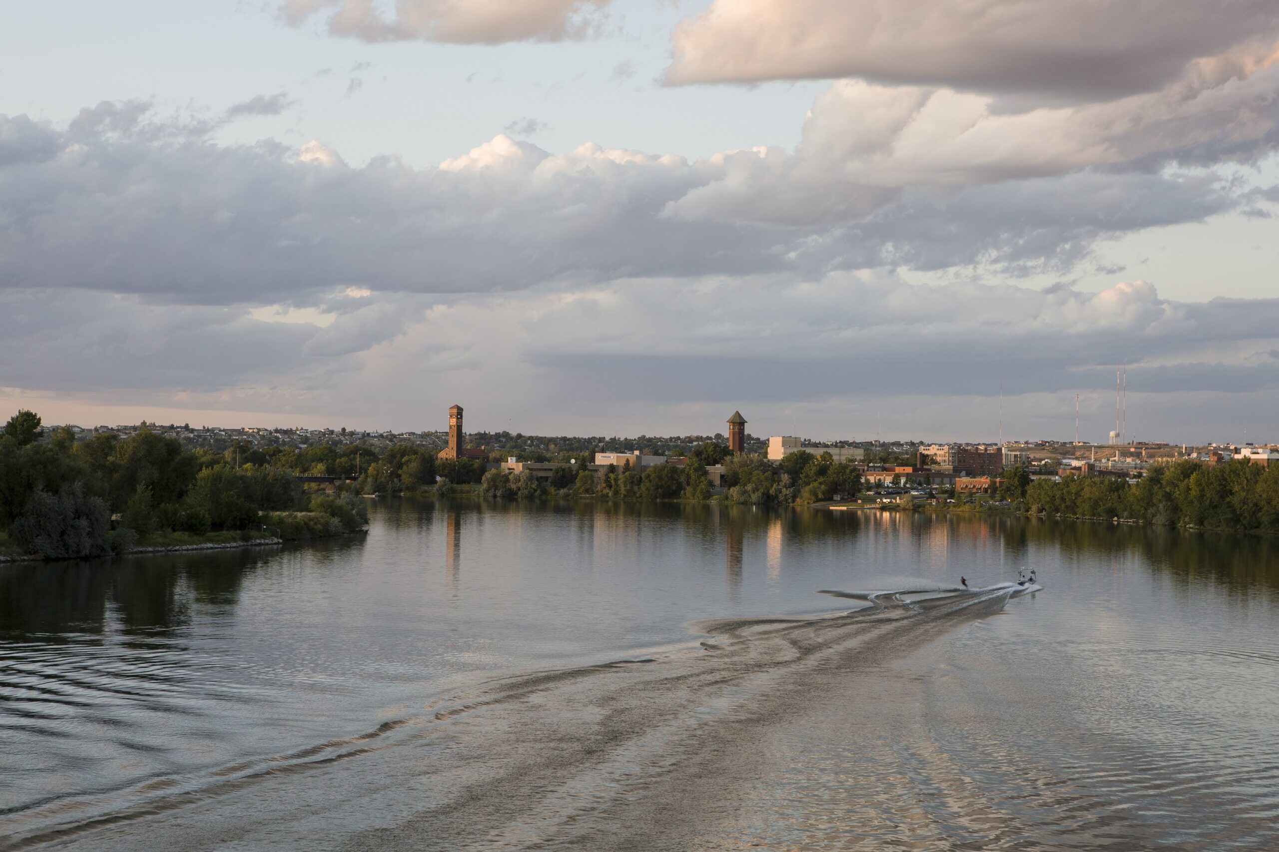 Water skier plays on the Missouri River, Broadwater Bay, Great Falls, MT.