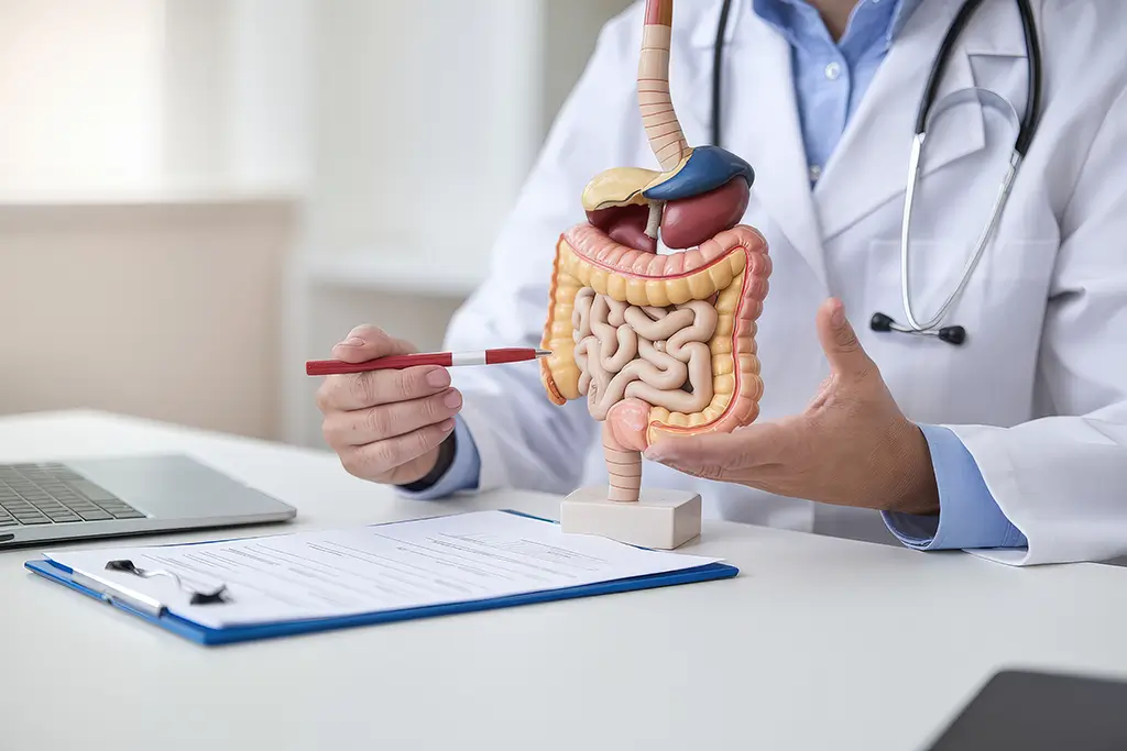 Gastroenterology Doctor using a colorful anatomical model of a colon to explain a diagnosis