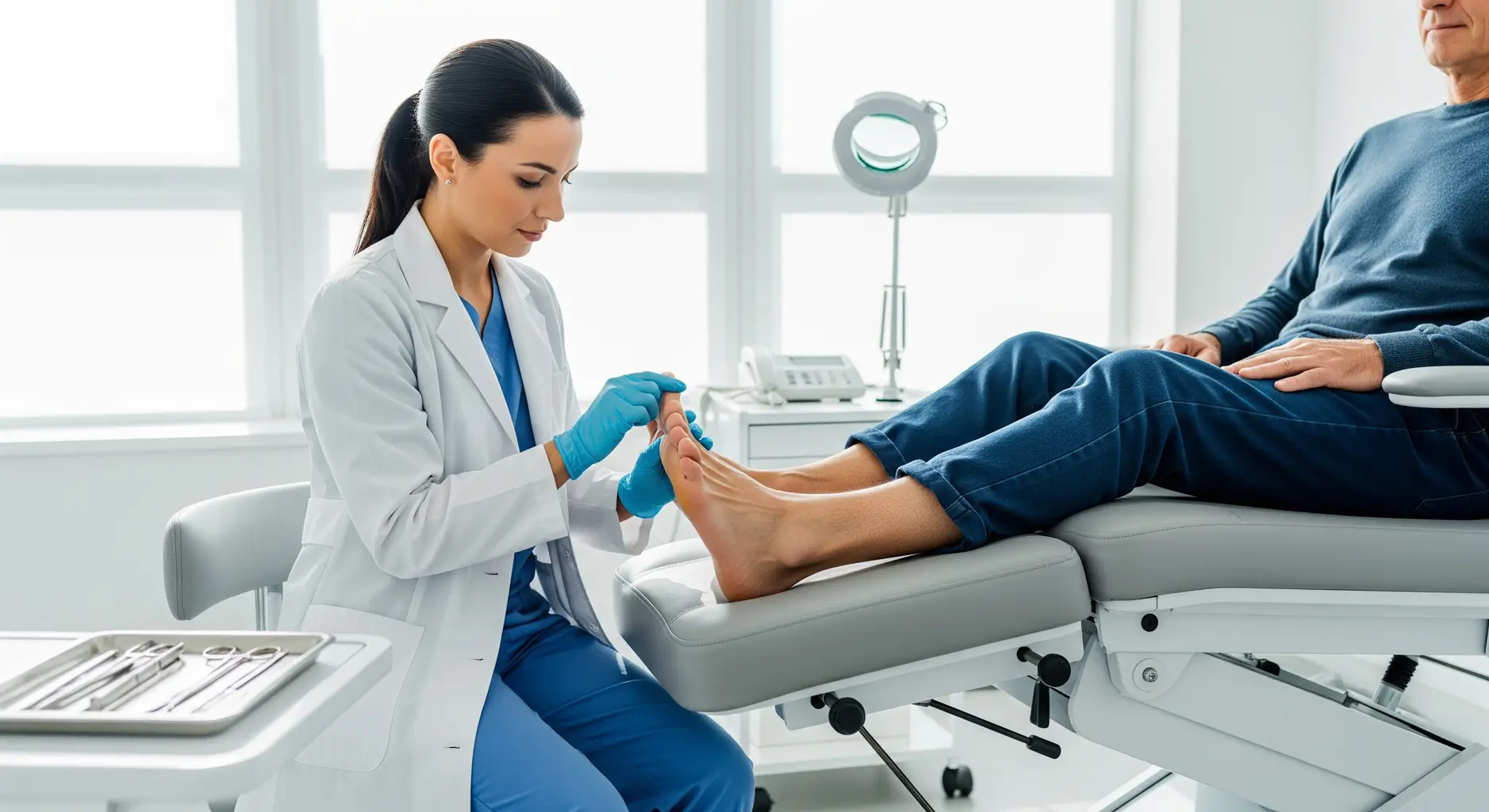 man sits on an examination table while a doctor inspects his foot.