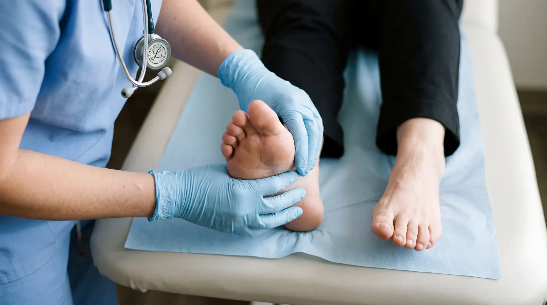 A physician inspects a patient's foot, assessing for any abnormalities or issues during a medical examination.